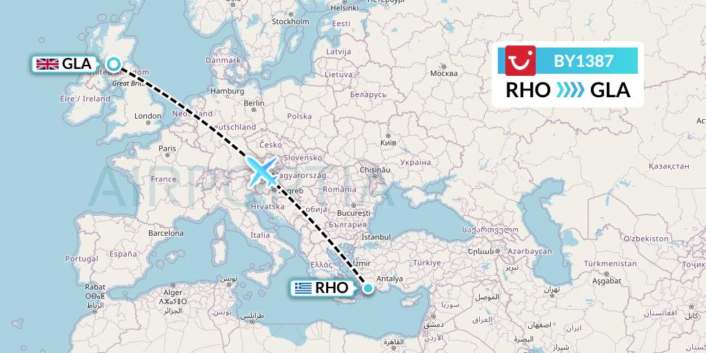 BY1387 TUI Airways Flight Map: Rhodes to Glasgow