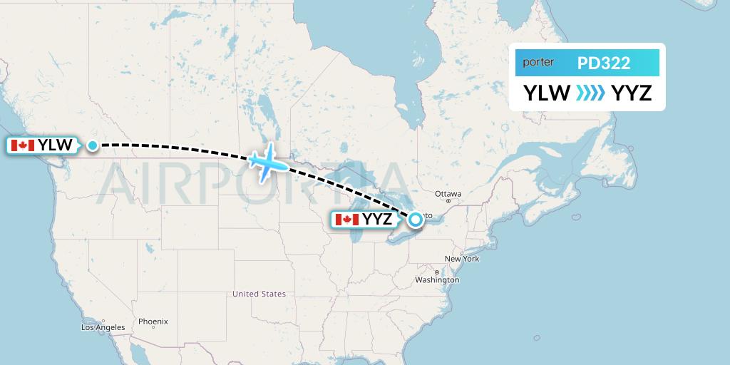 PD322 Porter Airlines Flight Map: Kelowna to Toronto