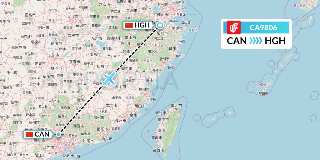 CA9806 Air China Flight Map: Guangzhou to Hangzhou