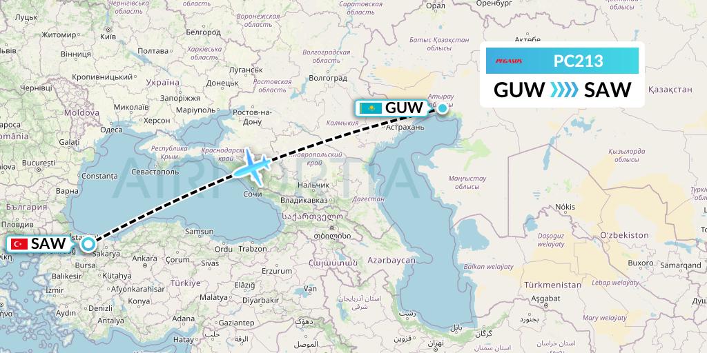 PC213 Pegasus Airlines Flight Map: Atyrau to Istanbul