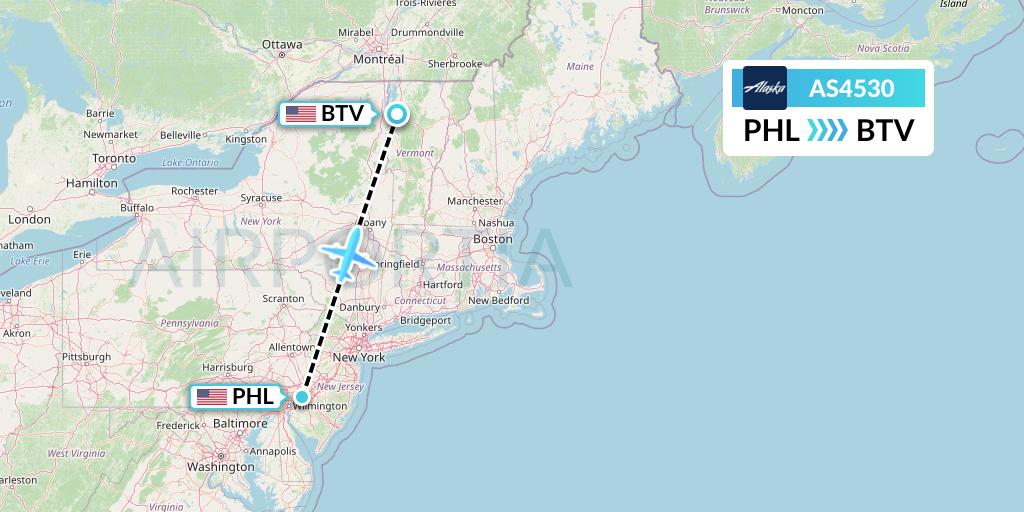 AS4530 Alaska Airlines Flight Map: Philadelphia to Burlington