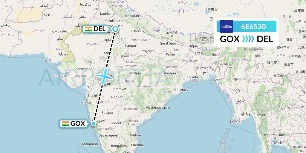 6E6530 IndiGo Airlines Flight Map: Goa to Delhi