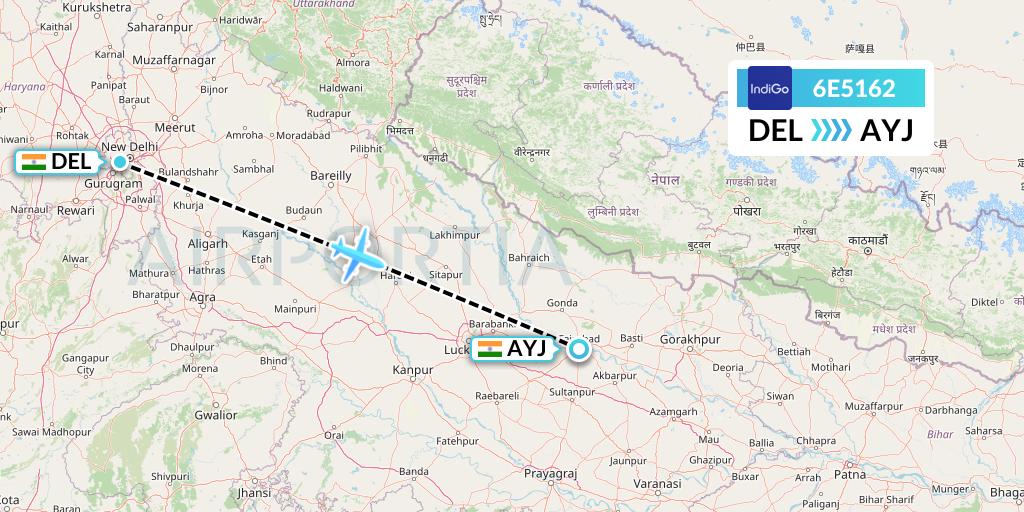 6E5162 IndiGo Airlines Flight Map: Delhi to Lucknow