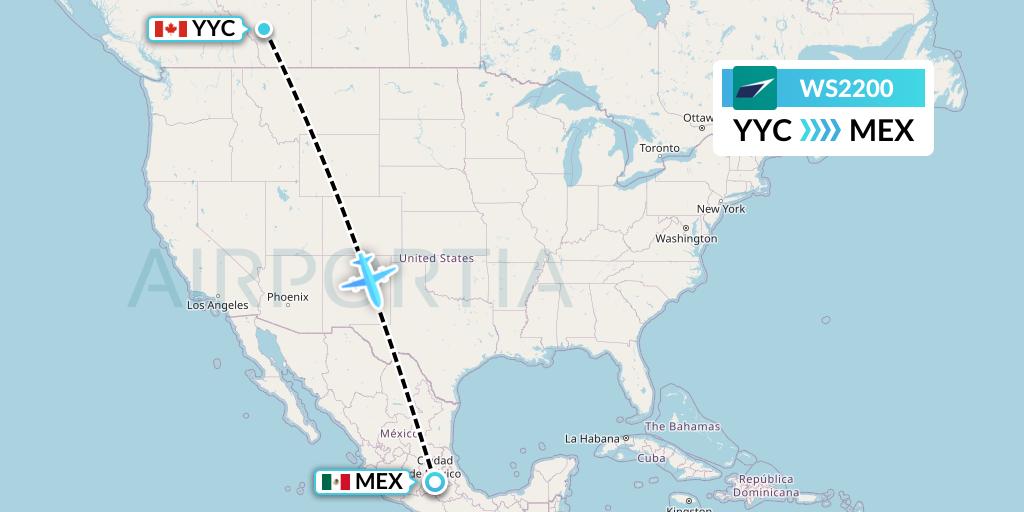 WS2200 WestJet Flight Map: Calgary to Mexico City