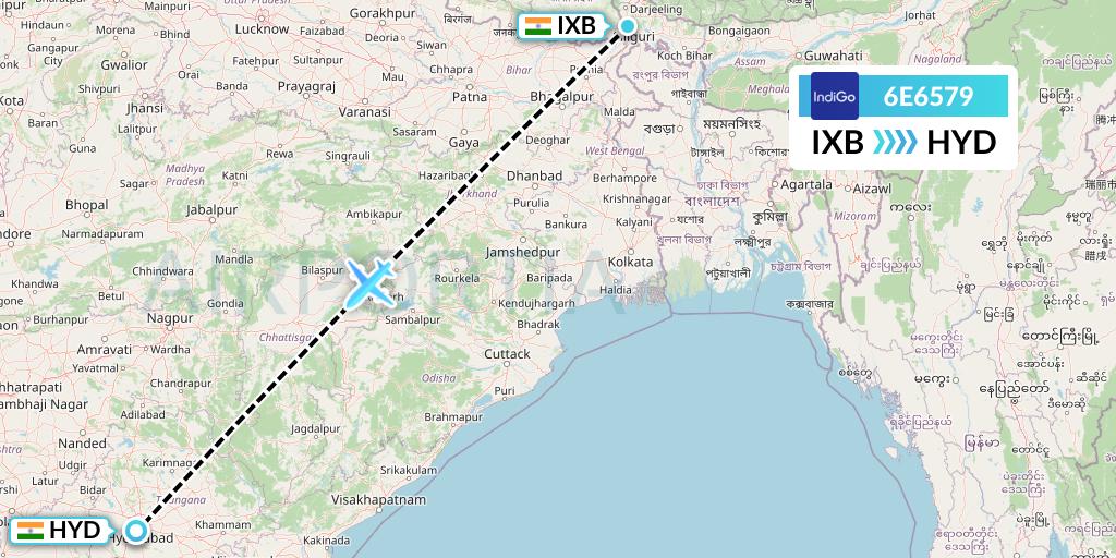 6E6579 IndiGo Airlines Flight Map: Siliguri to Hyderabad