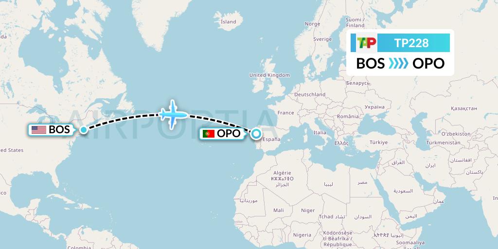 TP228 TAP Portugal Flight Map: Boston to Porto