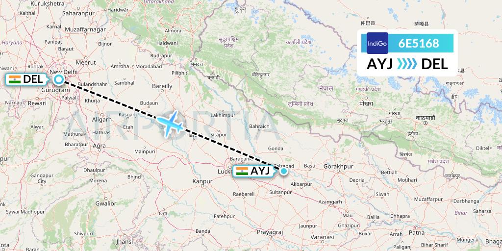 6E5168 IndiGo Airlines Flight Map: Lucknow to Delhi