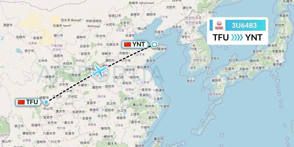 3U6483 Sichuan Airlines Flight Map: Chengdu to Yantai