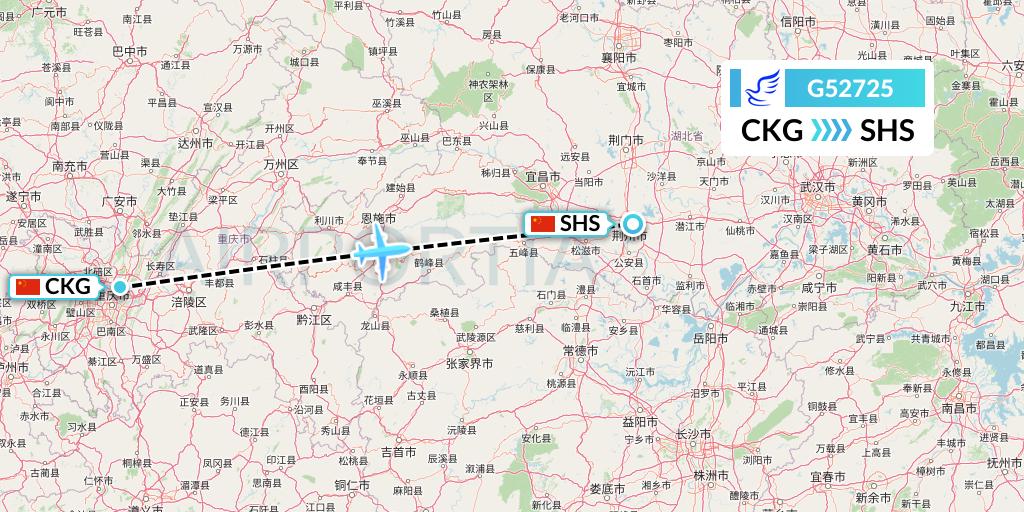 G52725 China Express Airlines Flight Map: Chongqing to Shashi