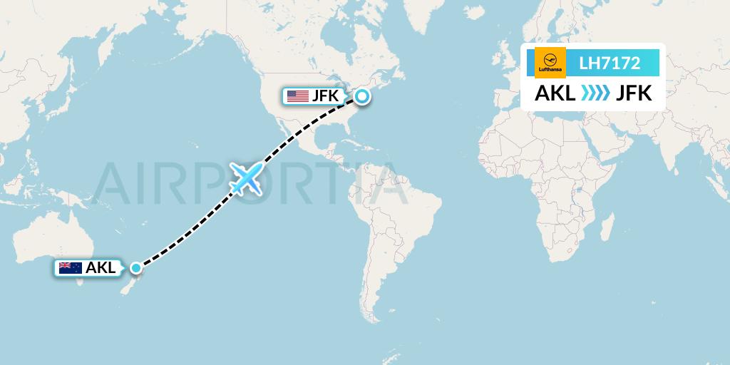 LH7172 Lufthansa Flight Map: Auckland to New York