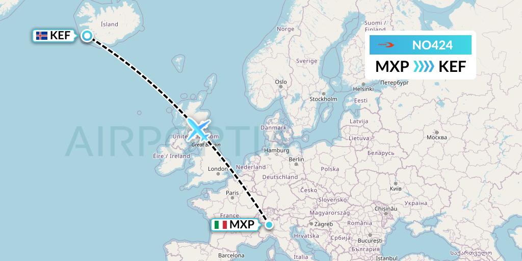 NO424 Neos Flight Map: Milan to Reykjavik