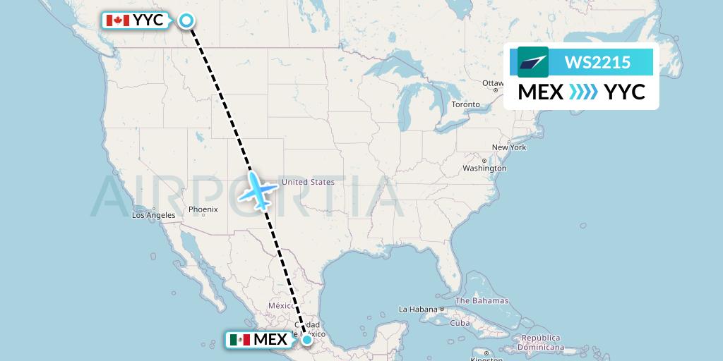 WS2215 WestJet Flight Map: Mexico City to Calgary
