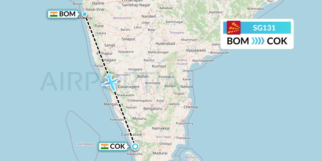 SG131 SpiceJet Flight Map: Mumbai to Cochin