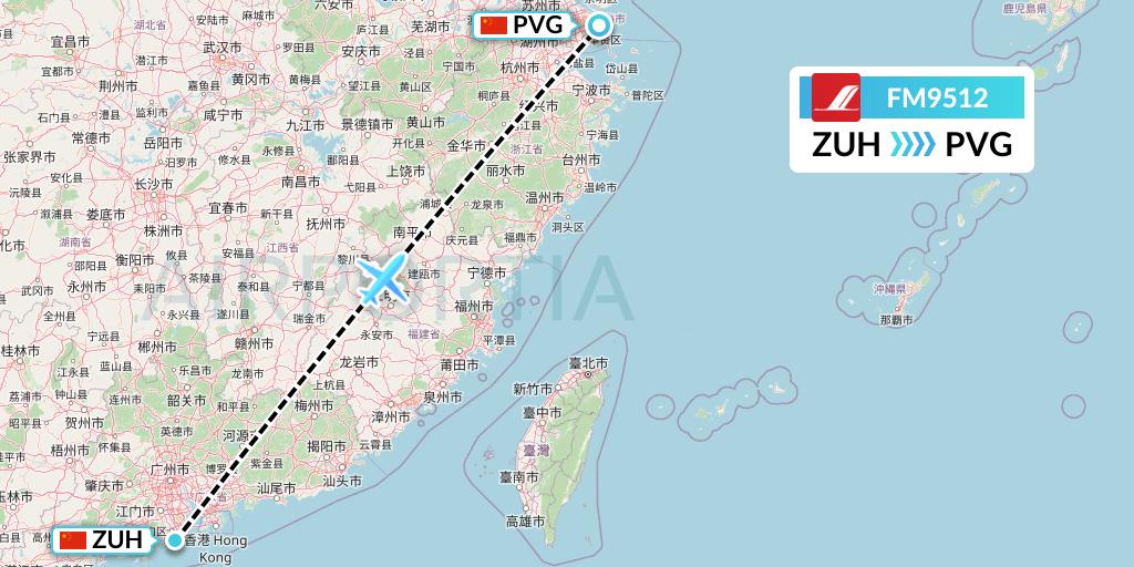 FM9512 Shanghai Airlines Flight Map: Zhuhai to Shanghai