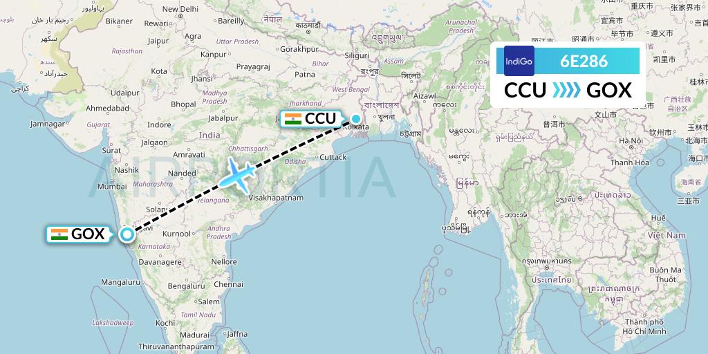 6E286 IndiGo Airlines Flight Map: Kolkata to Goa