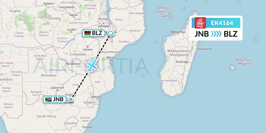 EK4164 Emirates Flight Map: Johannesburg to Blantyre