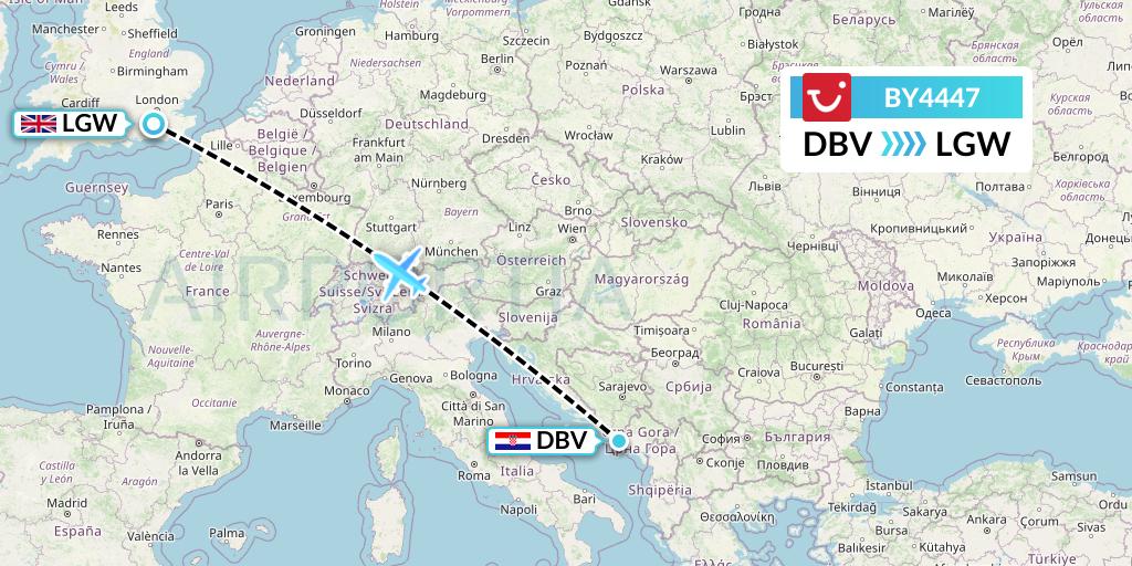BY4447 TUI Airways Flight Map: Dubrovnik to London