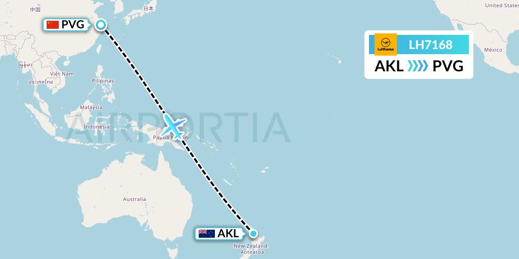 LH7168 Lufthansa Flight Map: Auckland to Shanghai
