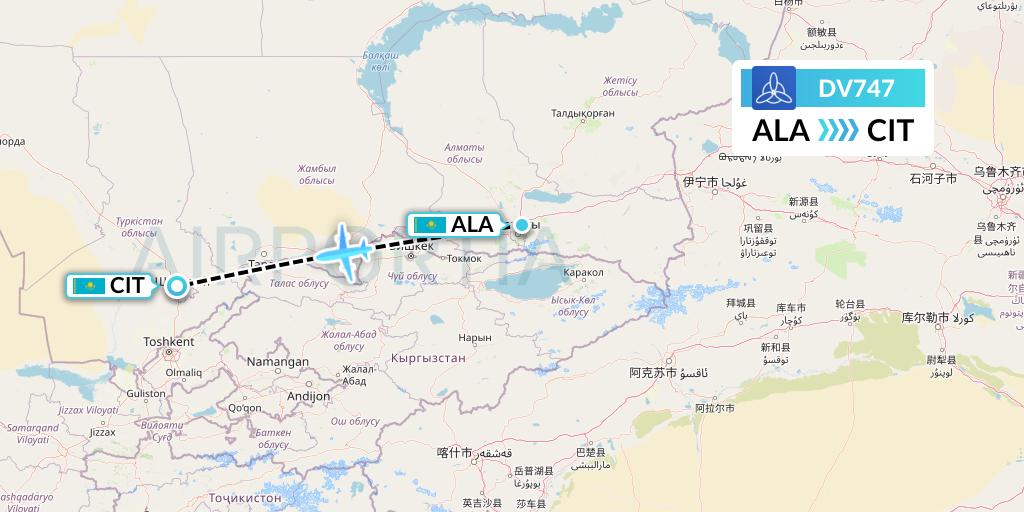DV747 SCAT Flight Map: Almaty to Shymkent