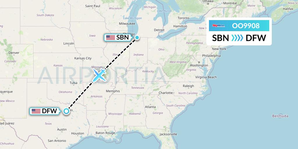 OO9908 SkyWest Airlines Flight Map: South Bend to Dallas