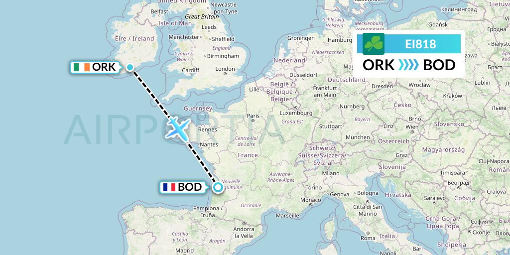 EI818 Aer Lingus Flight Map: Cork to Bordeaux
