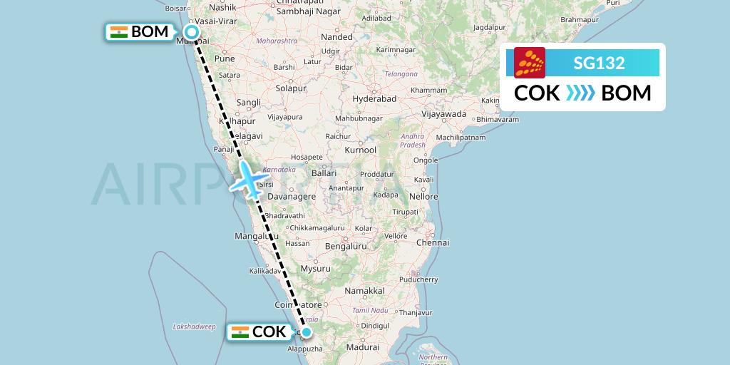 SG132 SpiceJet Flight Map: Cochin to Mumbai