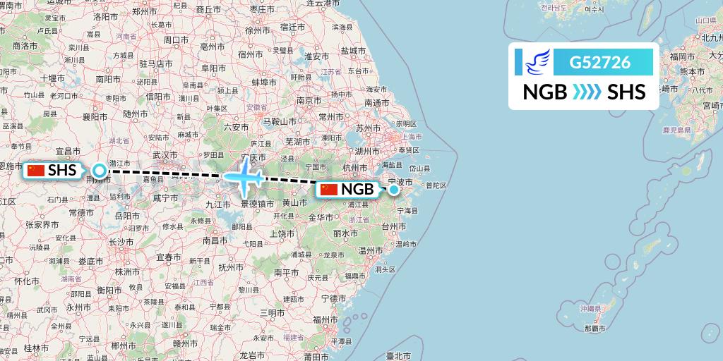 G52726 China Express Airlines Flight Map: Ningbo to Shashi