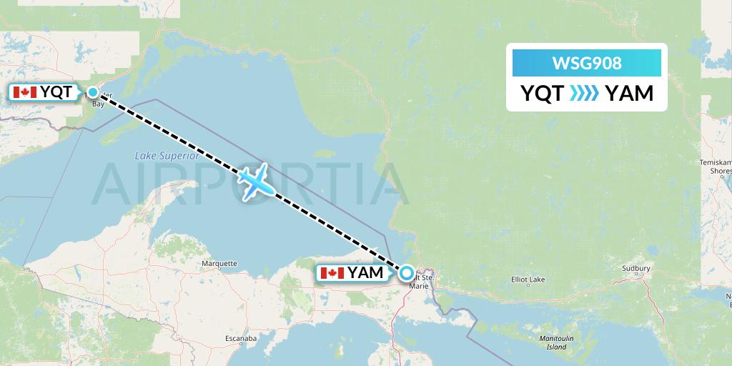 WSG908 Wasaya Airways Flight Map: Thunder Bay to Sault Ste. Marie