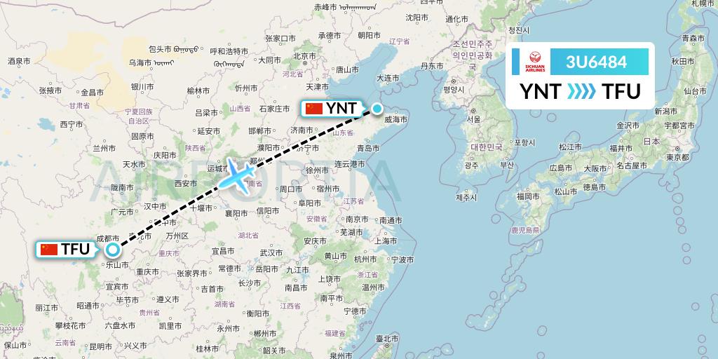 3U6484 Sichuan Airlines Flight Map: Yantai to Chengdu
