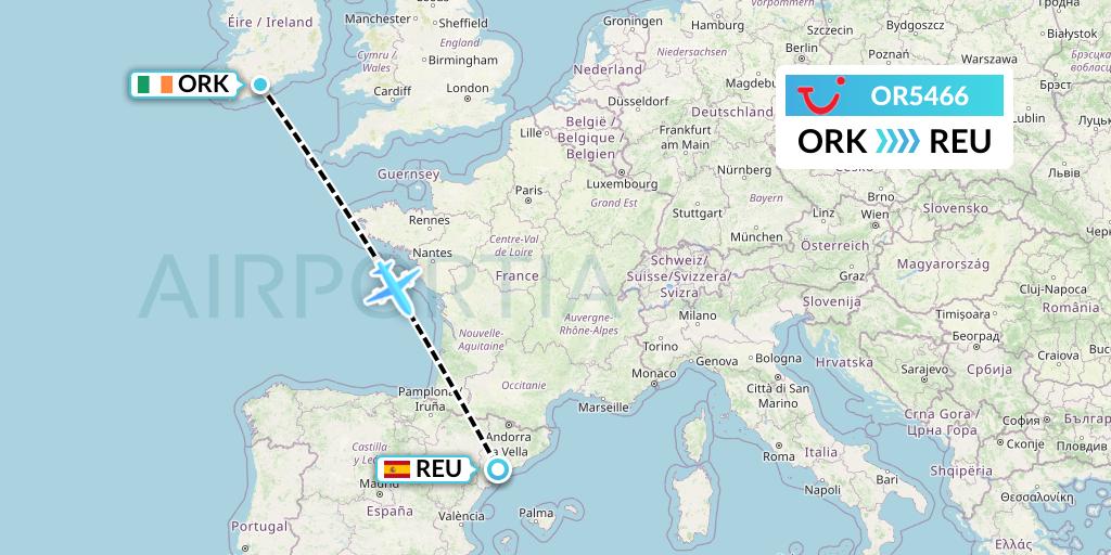 OR5466 TUI fly Netherlands Flight Map: Cork to Reus