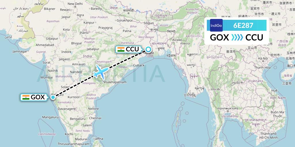 6E287 IndiGo Airlines Flight Map: Goa to Kolkata