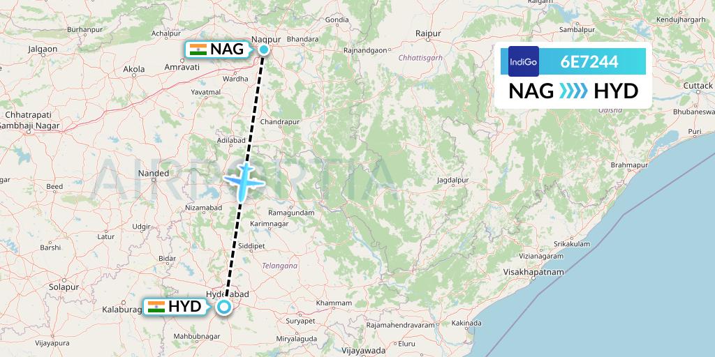 6E7244 IndiGo Airlines Flight Map: Nagpur to Hyderabad