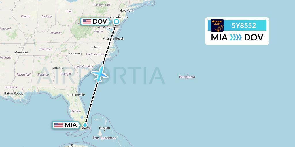 5Y8552 Atlas Air Flight Map: Miami to Dover-Cheswold