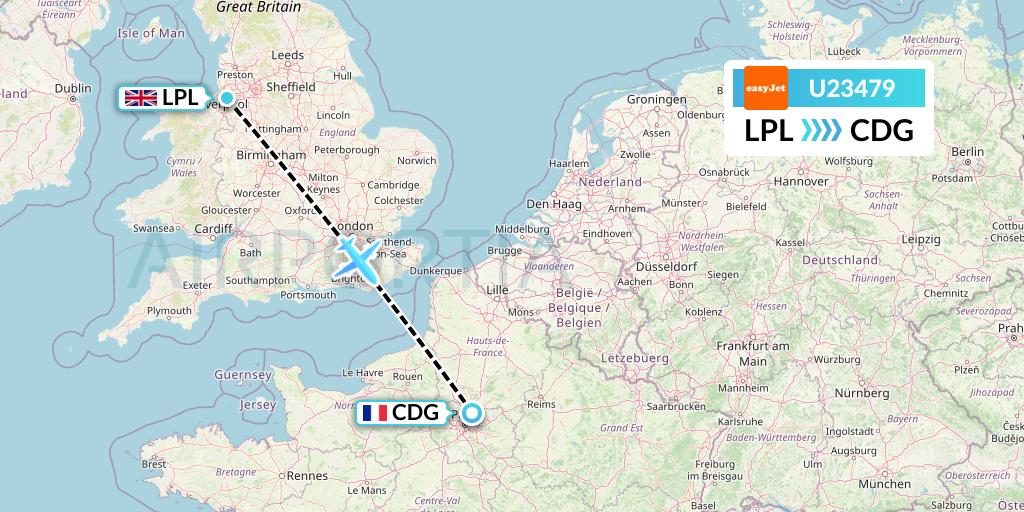 U23479 EasyJet Flight Map: Liverpool to Paris