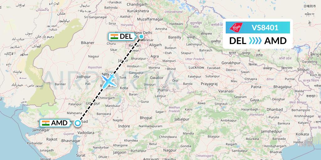 VS8401 Virgin Atlantic Airways Flight Map: Delhi to Ahmedabad