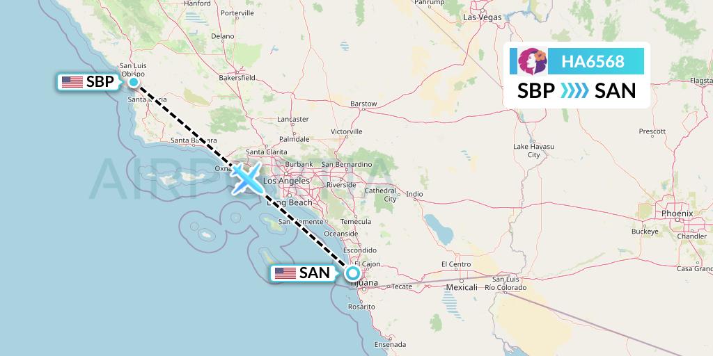 HA6568 Hawaiian Airlines Flight Map: San Luis Obispo to San Diego