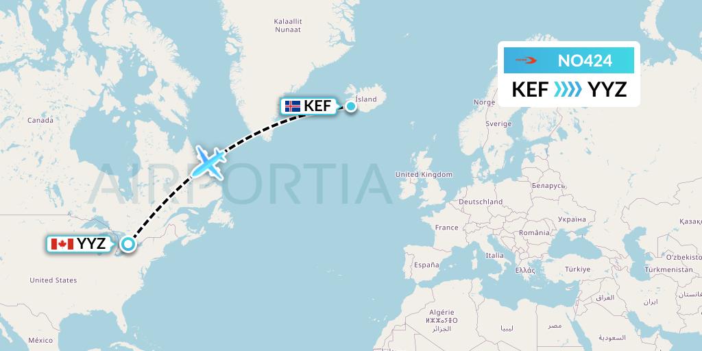 NO424 Neos Flight Map: Reykjavik to Toronto