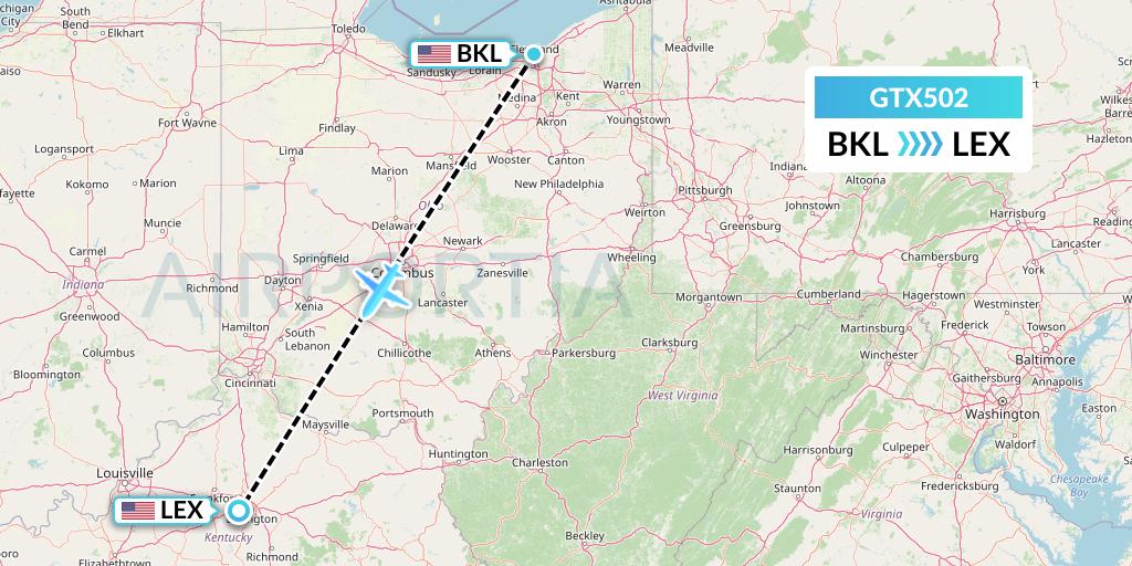 GTX502 GTA Air Flight Map: Cleveland to Lexington