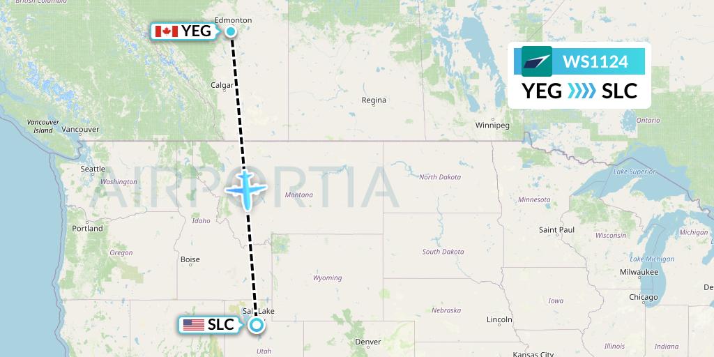 WS1124 WestJet Flight Map: Edmonton to Salt Lake City