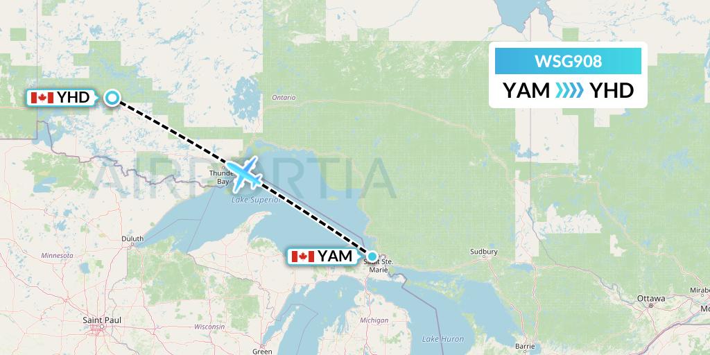 WSG908 Wasaya Airways Flight Map: Sault Ste. Marie to Dryden