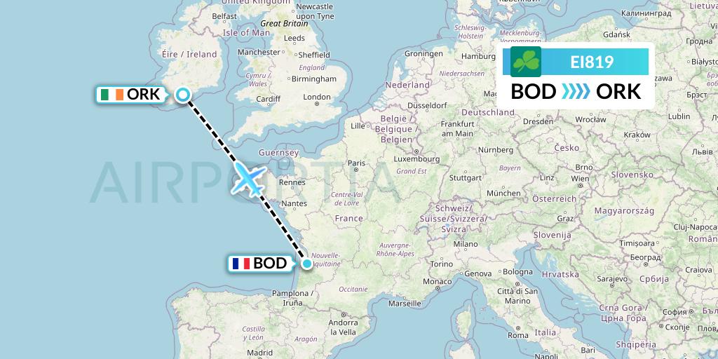 EI819 Aer Lingus Flight Map: Bordeaux to Cork