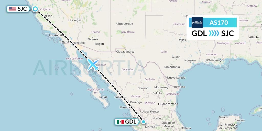 AS170 Alaska Airlines Flight Map: Guadalajara to San Jose