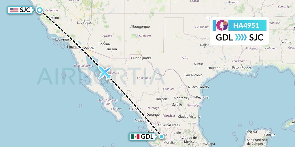 HA4951 Hawaiian Airlines Flight Map: Guadalajara to San Jose