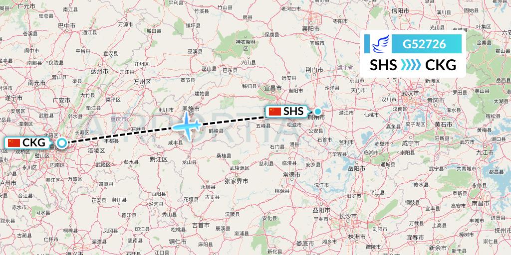 G52726 China Express Airlines Flight Map: Shashi to Chongqing