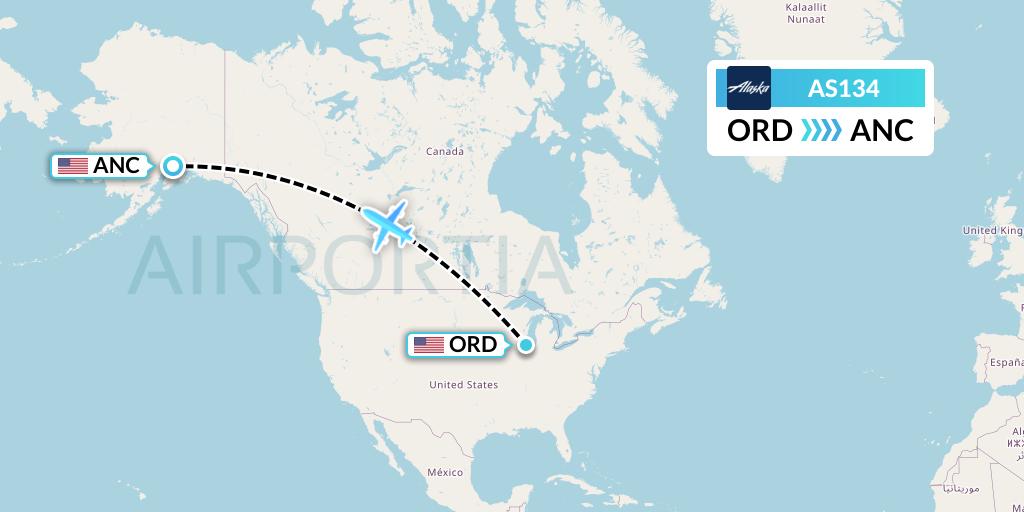 AS134 Alaska Airlines Flight Map: Chicago to Anchorage