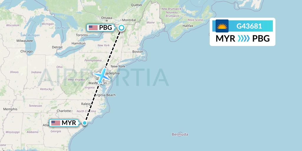 G43681 Allegiant Air Flight Map: Myrtle Beach to Plattsburgh