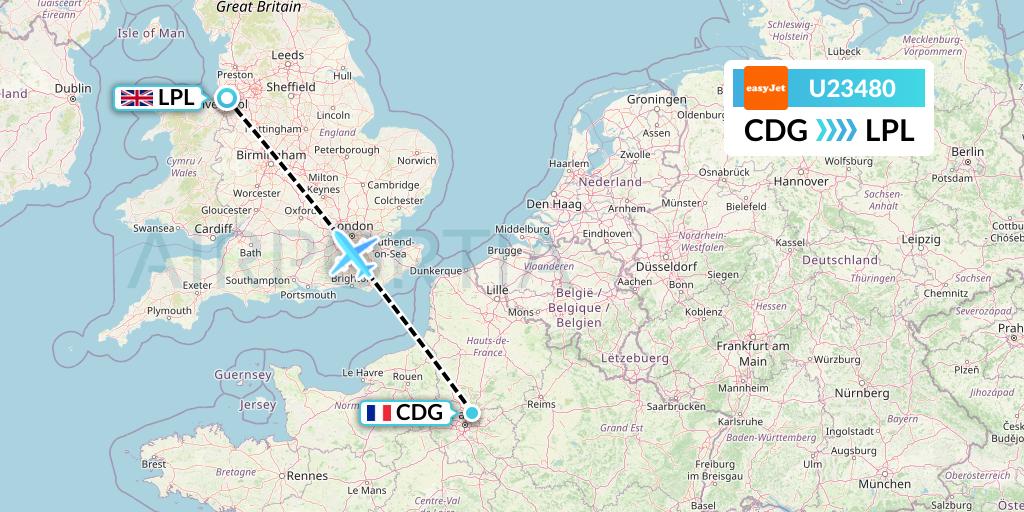 U23480 EasyJet Flight Map: Paris to Liverpool