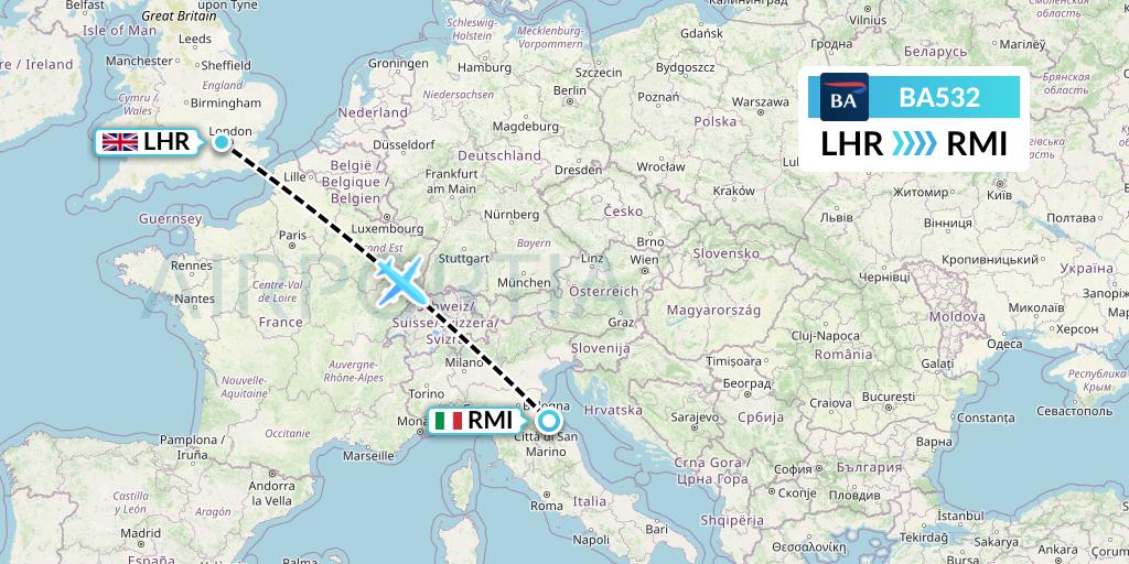 BA532 British Airways Flight Map: London to Rimini