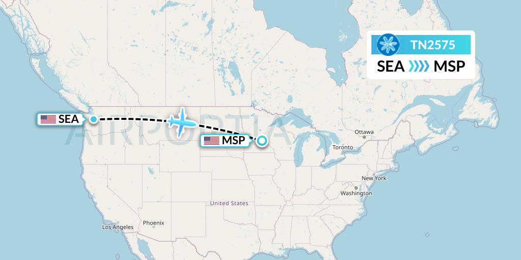 TN2575 Air Tahiti Nui Flight Map: Seattle to Minneapolis
