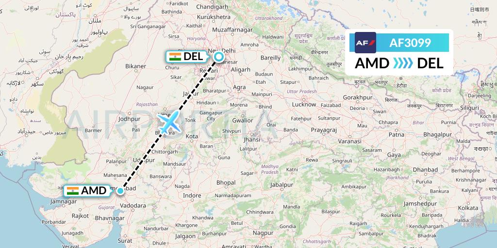 AF3099 Air France Flight Map: Ahmedabad to Delhi